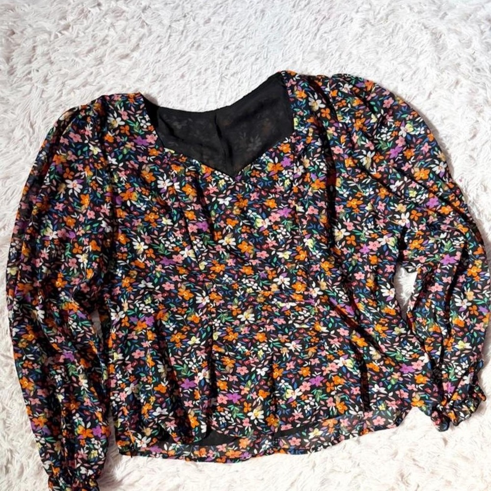 Colorful Floral Cottage Core Boho Dark Fairy Ruched Bubble Sleeve Top Womens XXL